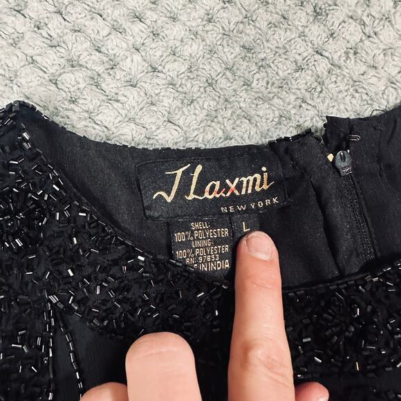 VINTAGE RETRO BLACK HEAVILY BEADED HIGH NECK SCALLOPED TANK TOP WMNS L - Picture 3 of 5